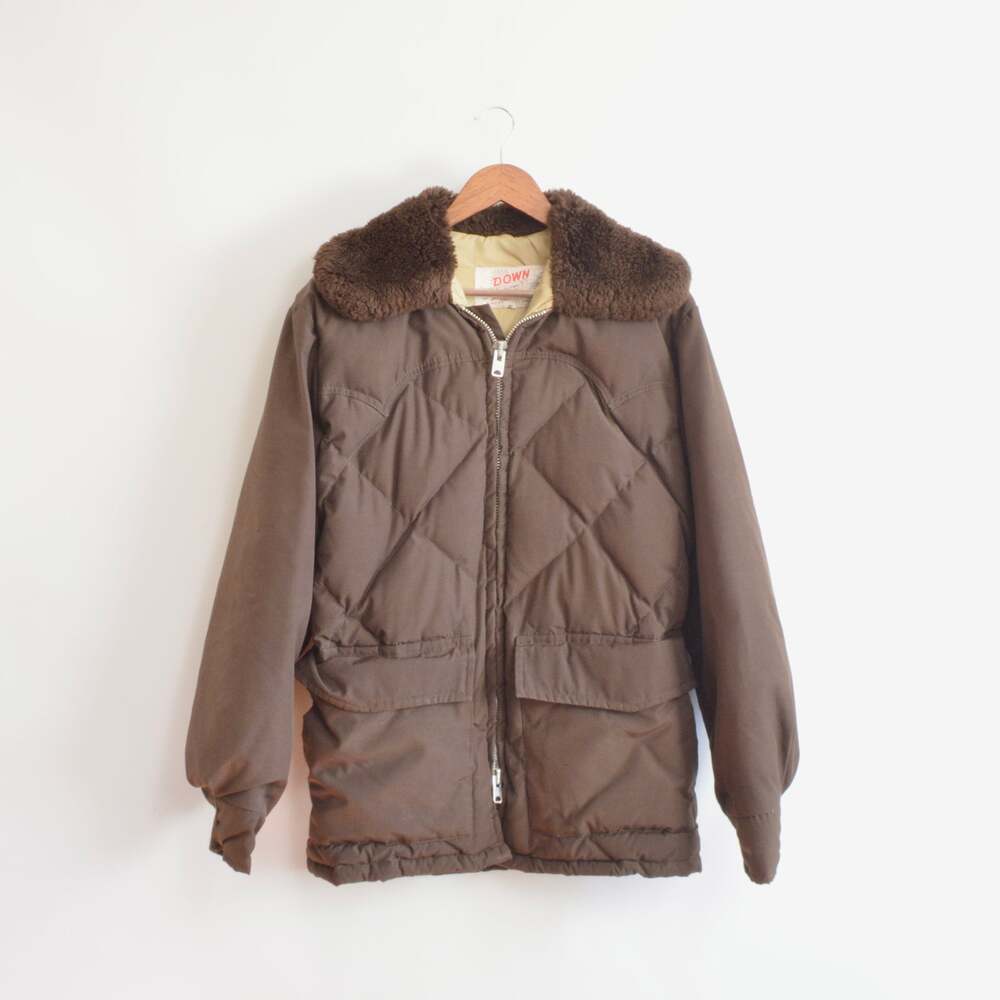 super cool park ranger meets cowboy brown puffer coat with fluffy collar